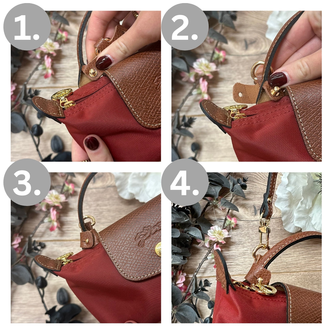 Four-step guide showing a strap being clipped onto a red Longchamp tote.