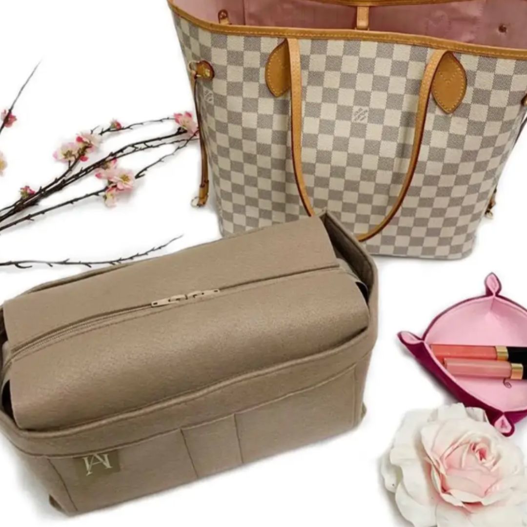 Handbag liner / bag organiser with zip top for the Neverfull MM Tote handmade by Handbag Angels UK.